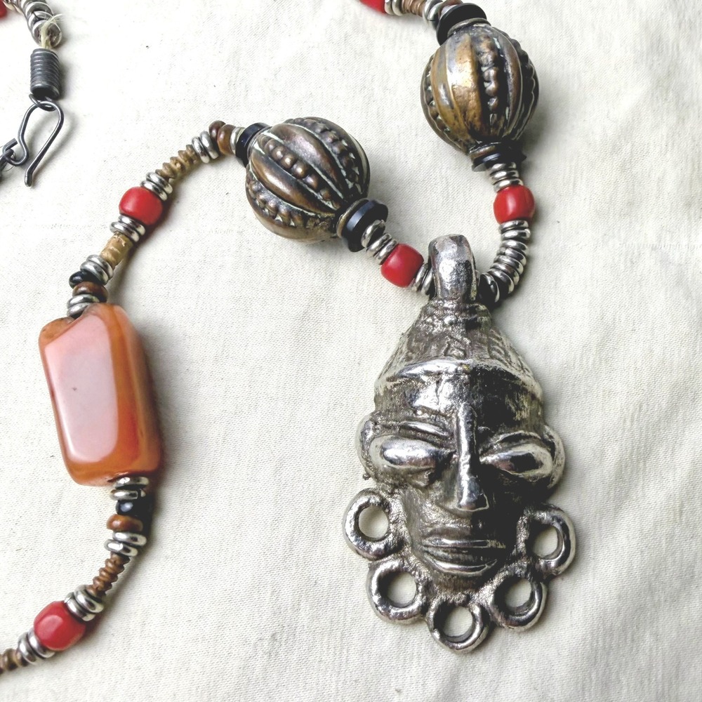 VTG West African Senufo Style Lost Wax Cast Mask Carnelian Necklace